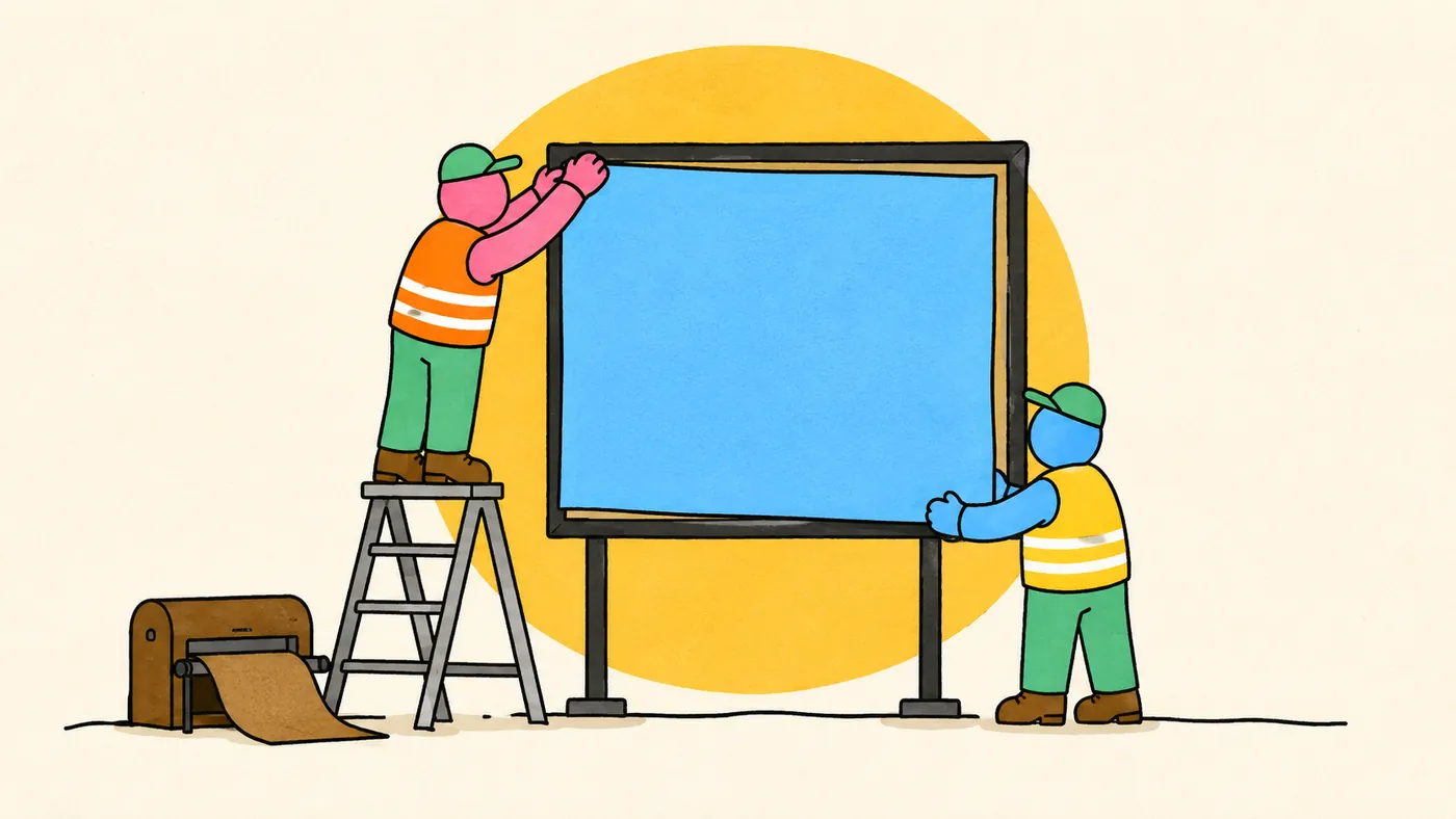 An illustration of two figures fitting a panel onto a roadside frame