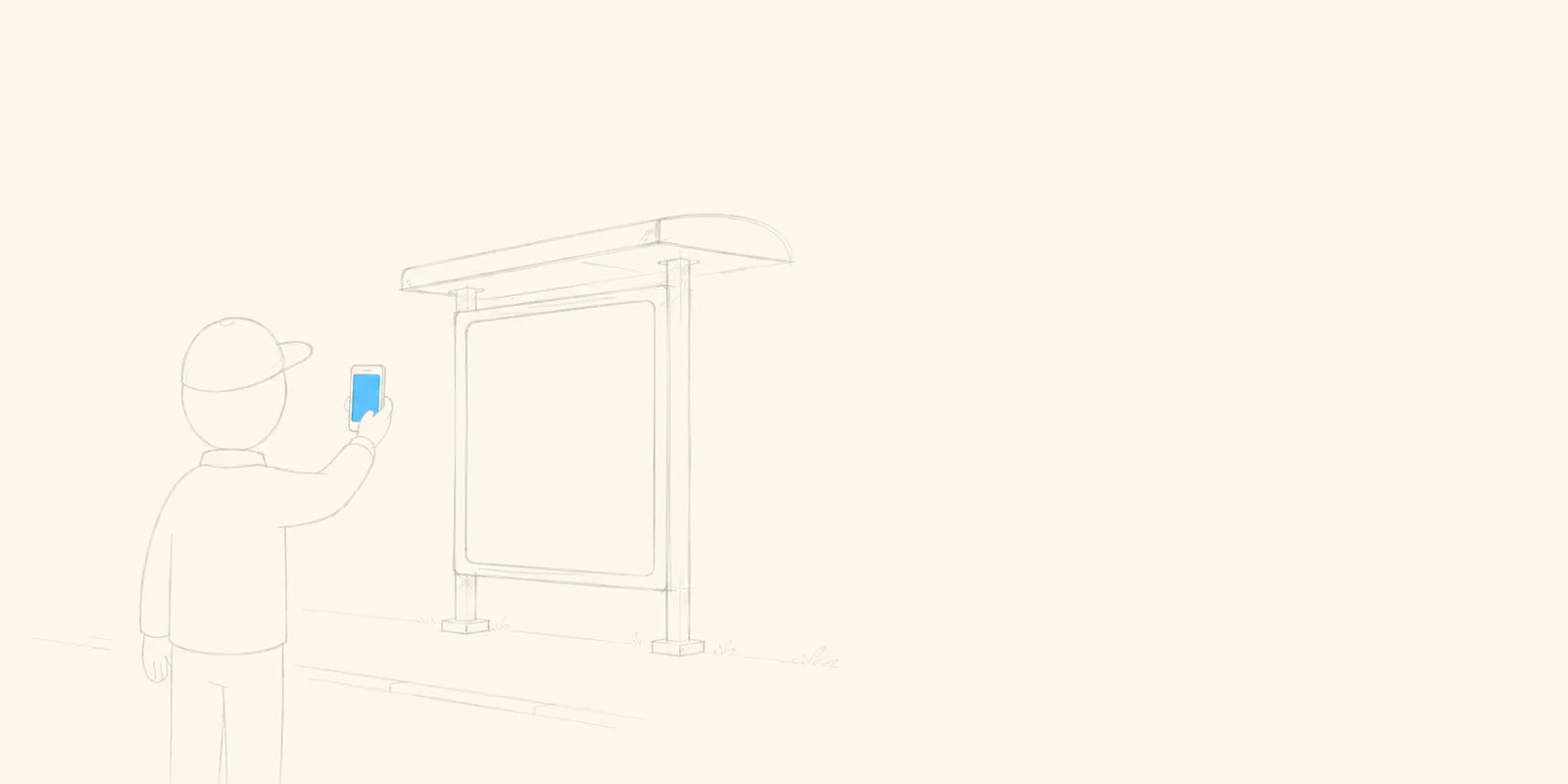 An illustration of a figure holding a phone up toward a panel, drawn in faint line