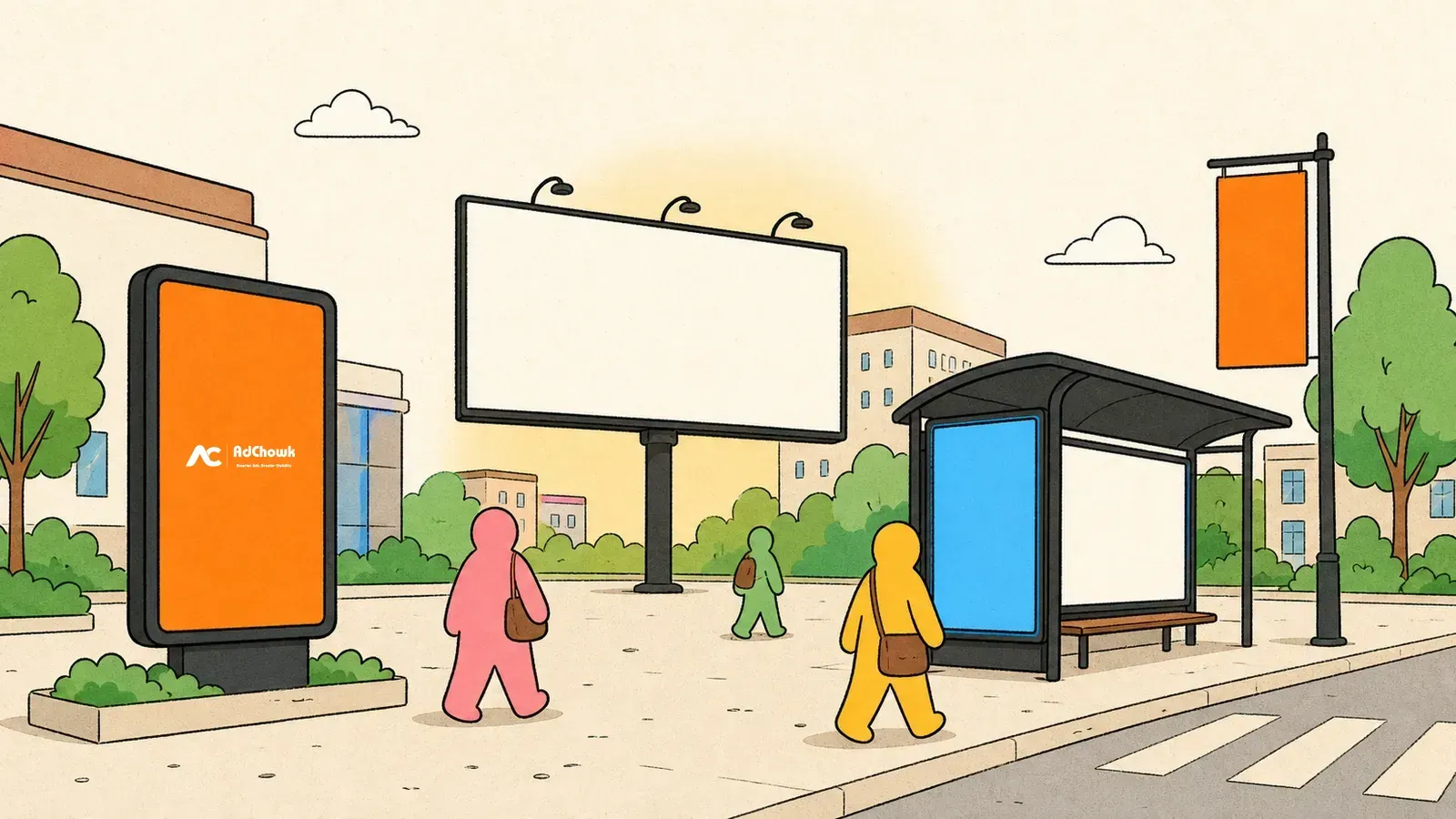 Illustration of campus advertising around a college