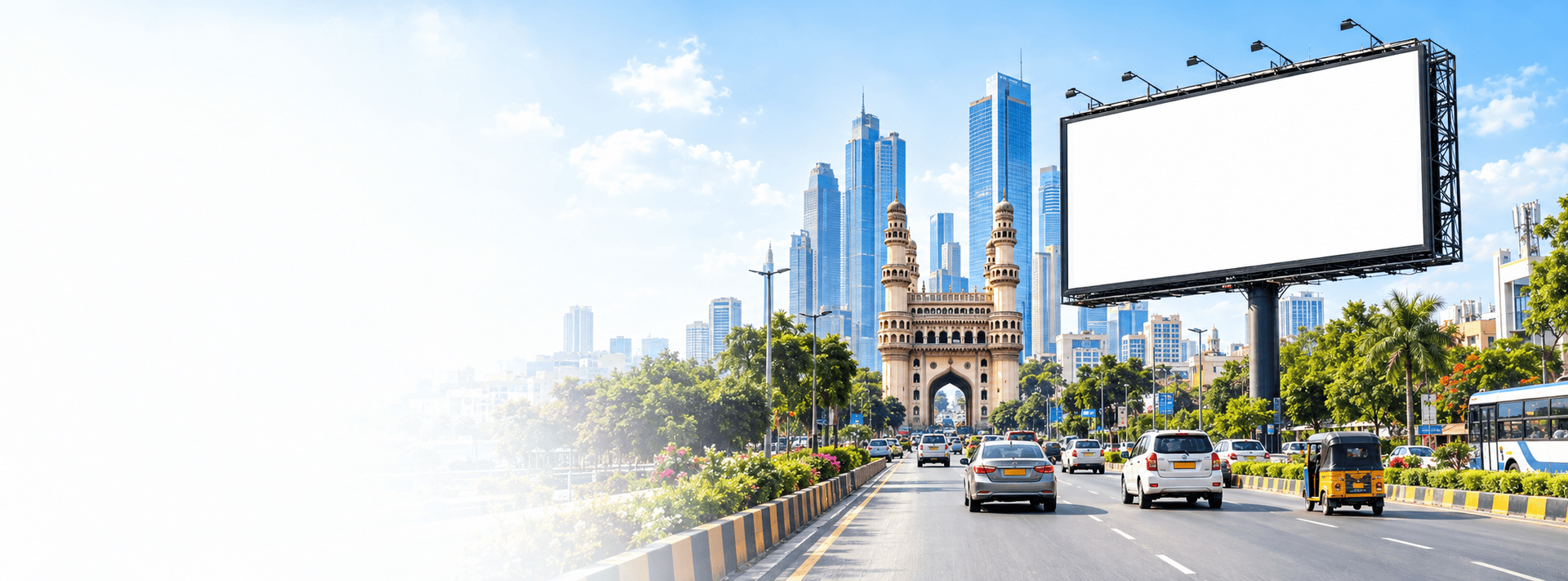 Hyderabad city road, Charminar and a large outdoor advertising billboard