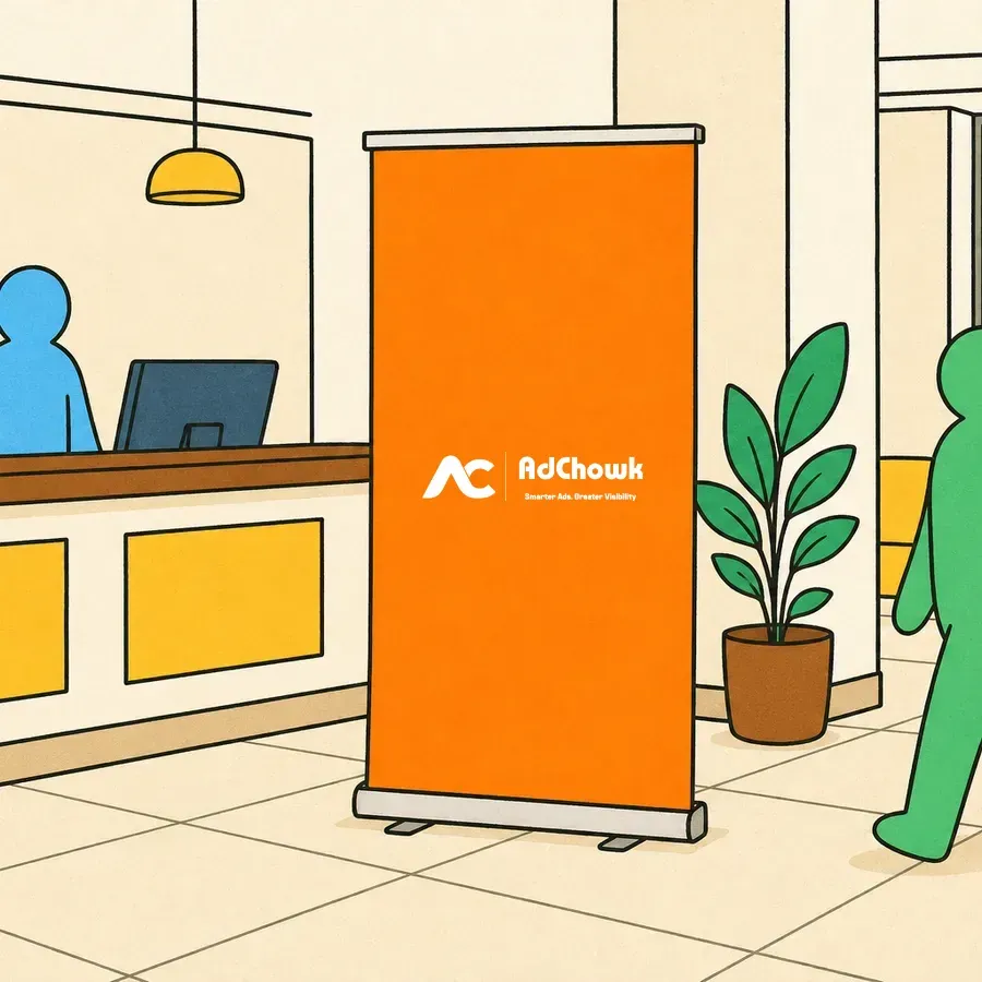 An illustration of a roll-up standee standing beside a counter in a lobby