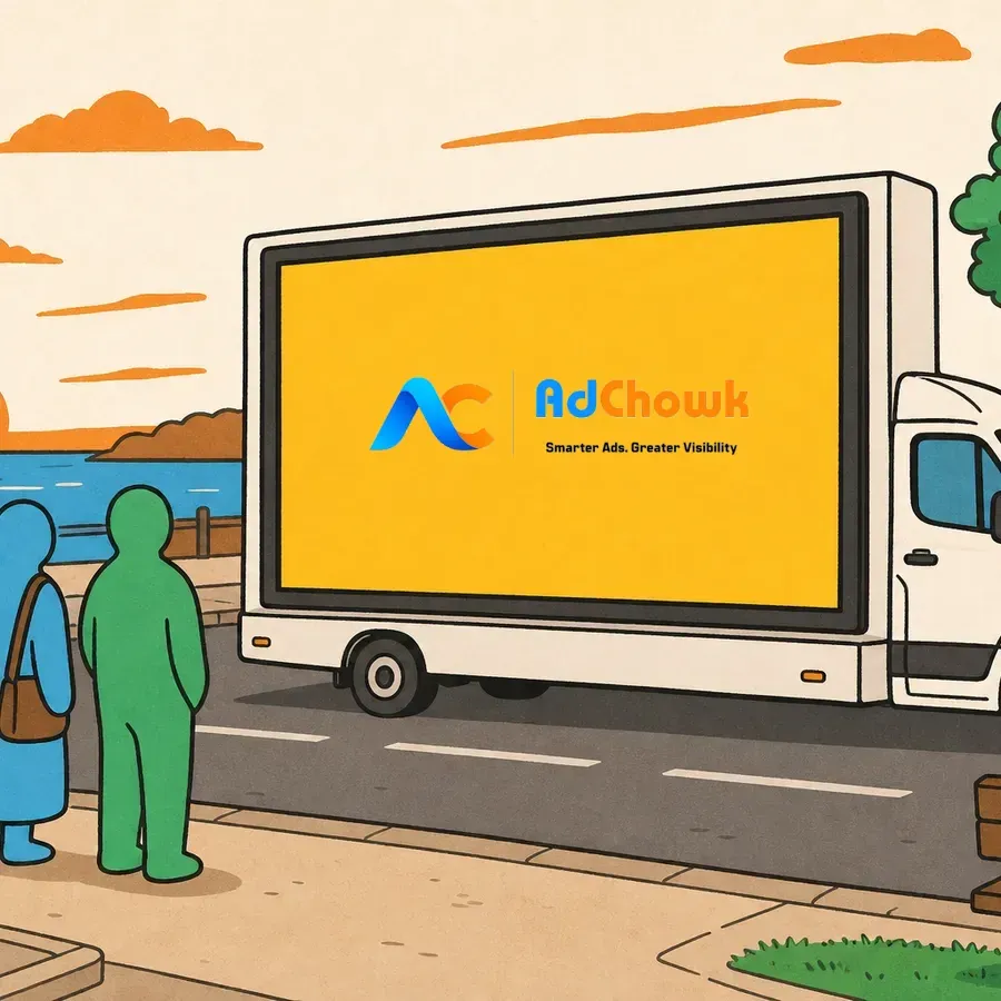 An illustration of a van carrying a large LED screen on its side