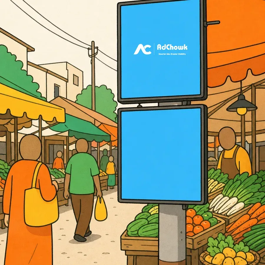 An illustration of advertising boards fixed to poles along a market lane