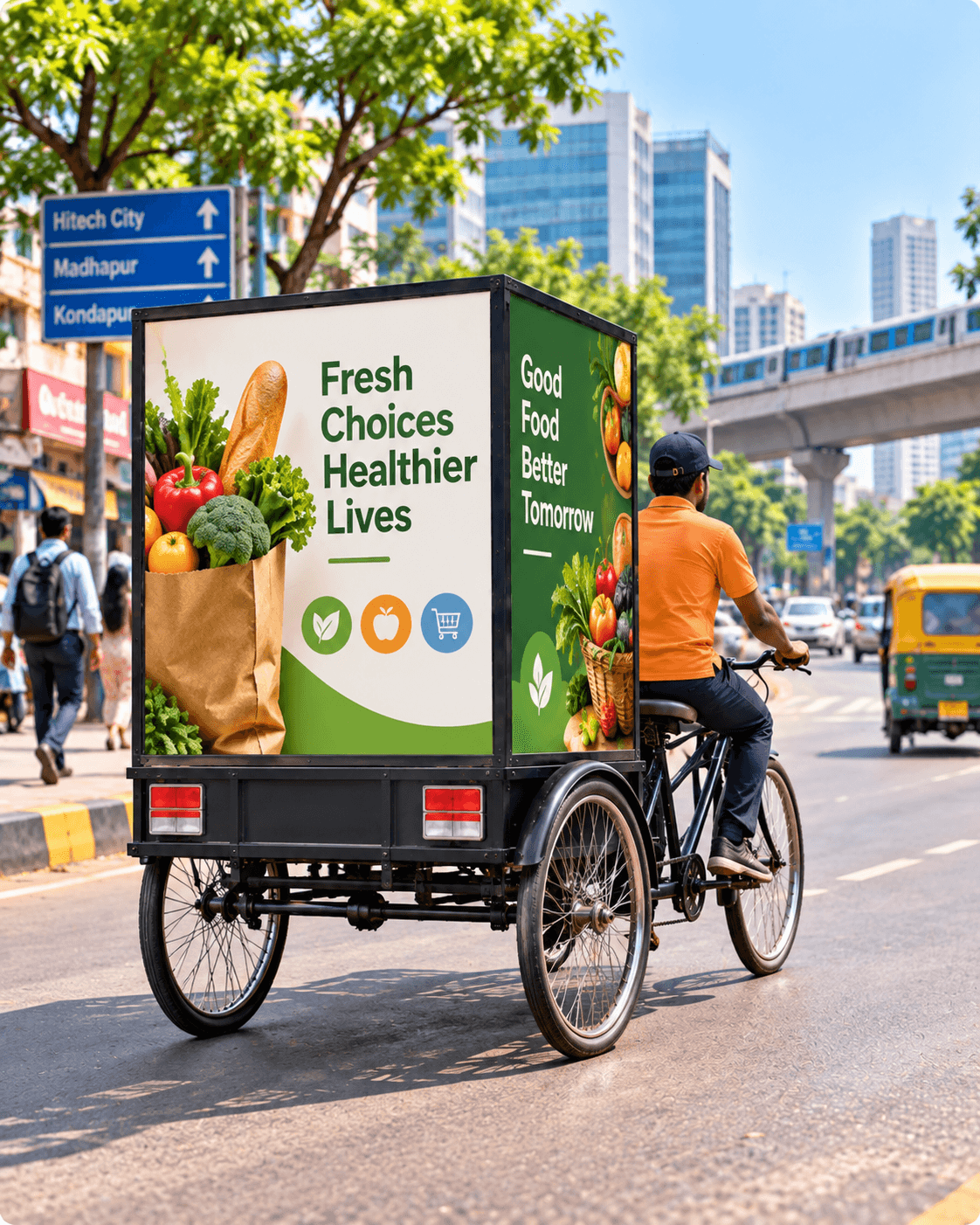 A cycle rickshaw carrying a branded neighbourhood pharmacy ad panel on a city street