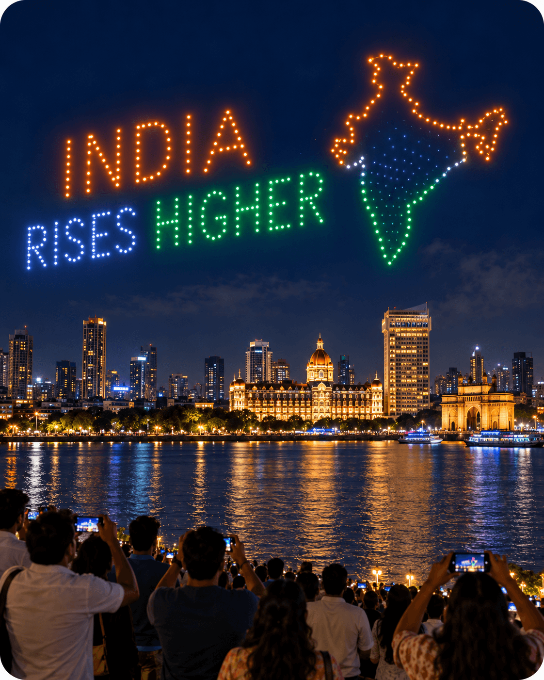 A drone light show forming a message above a city skyline