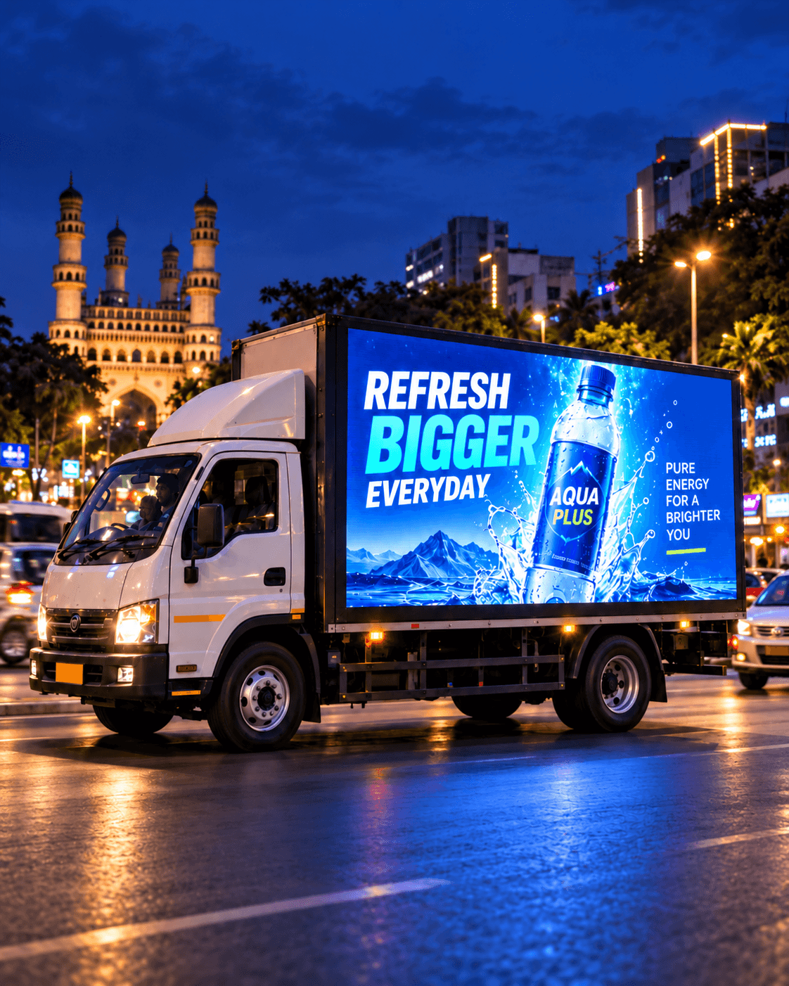 A van carrying a large LED advertising screen at night