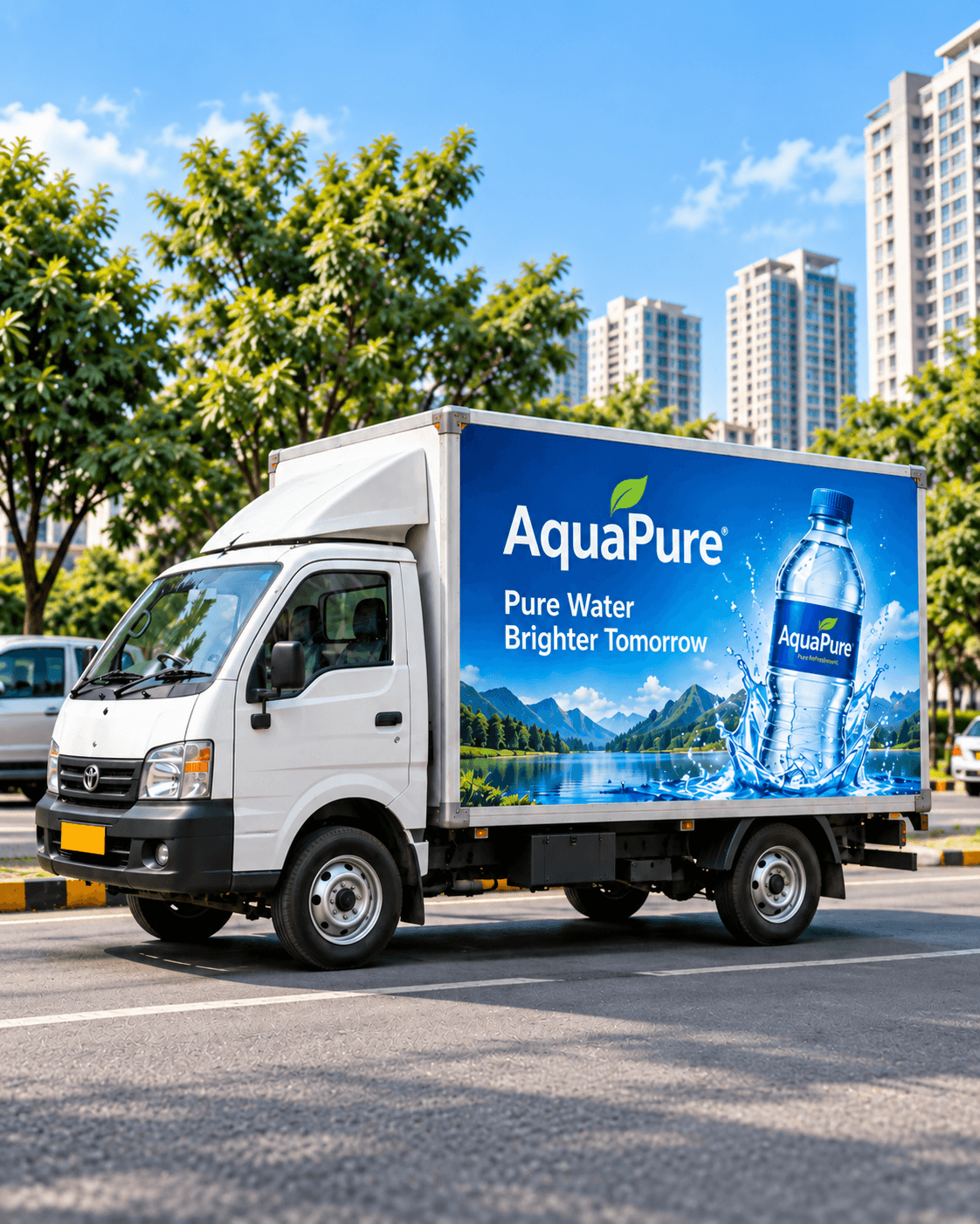 A promotional van wrapped with a branded side panel