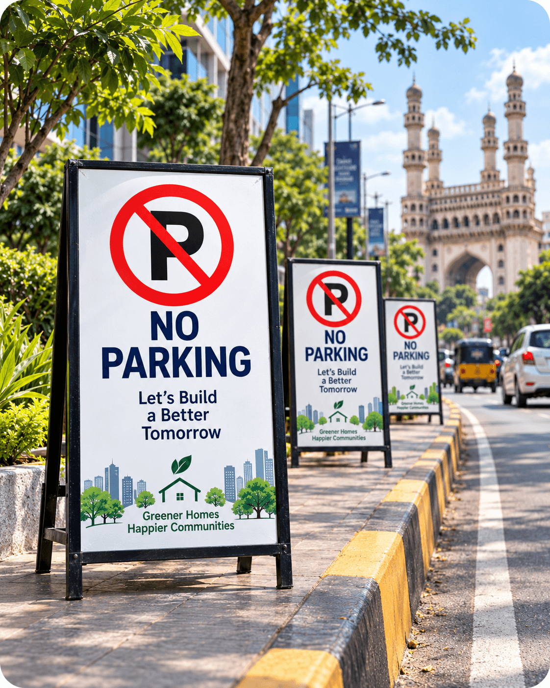 A row of branded no-parking boards along a street kerb
