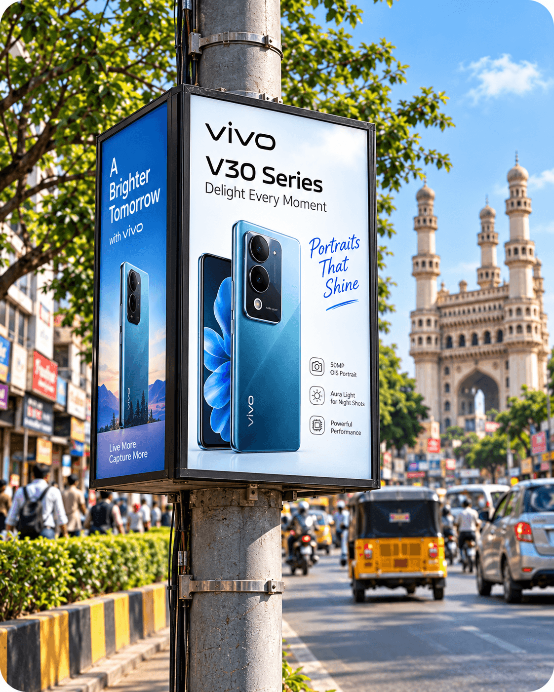 A branded advertising panel wrapped around a street lamp post