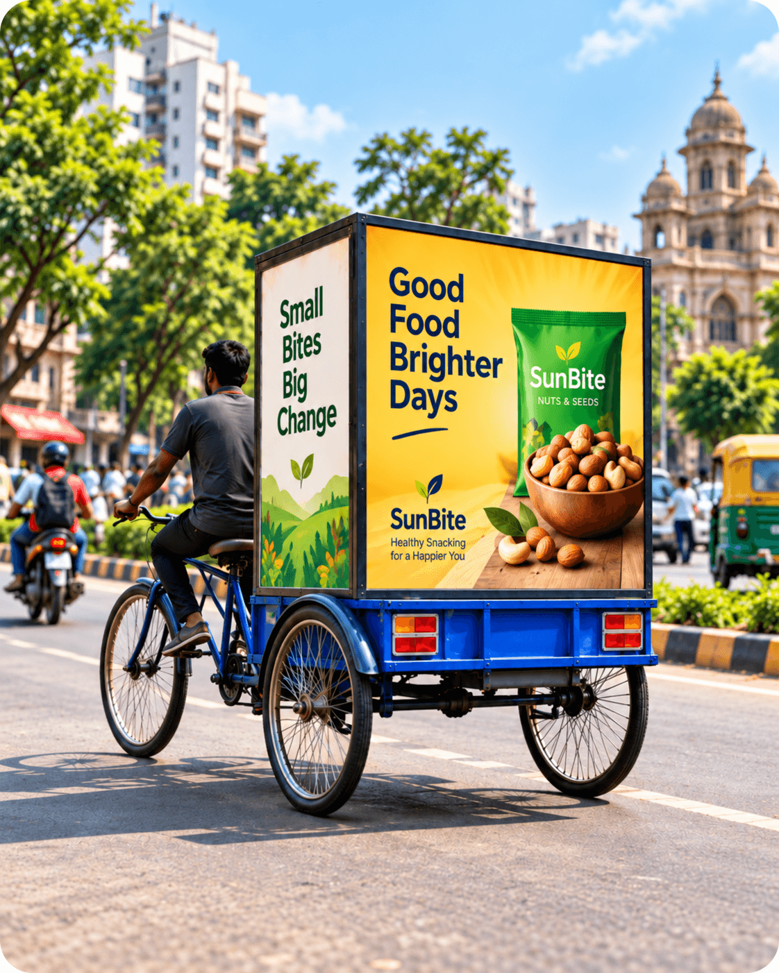 The advertising panel on a cycle rickshaw cart — the surface this one-time charge covers