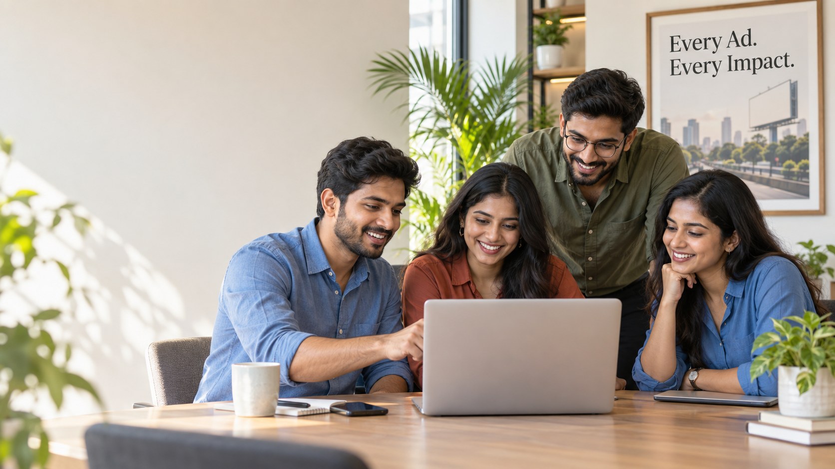 AdChowk team collaborating around a laptop